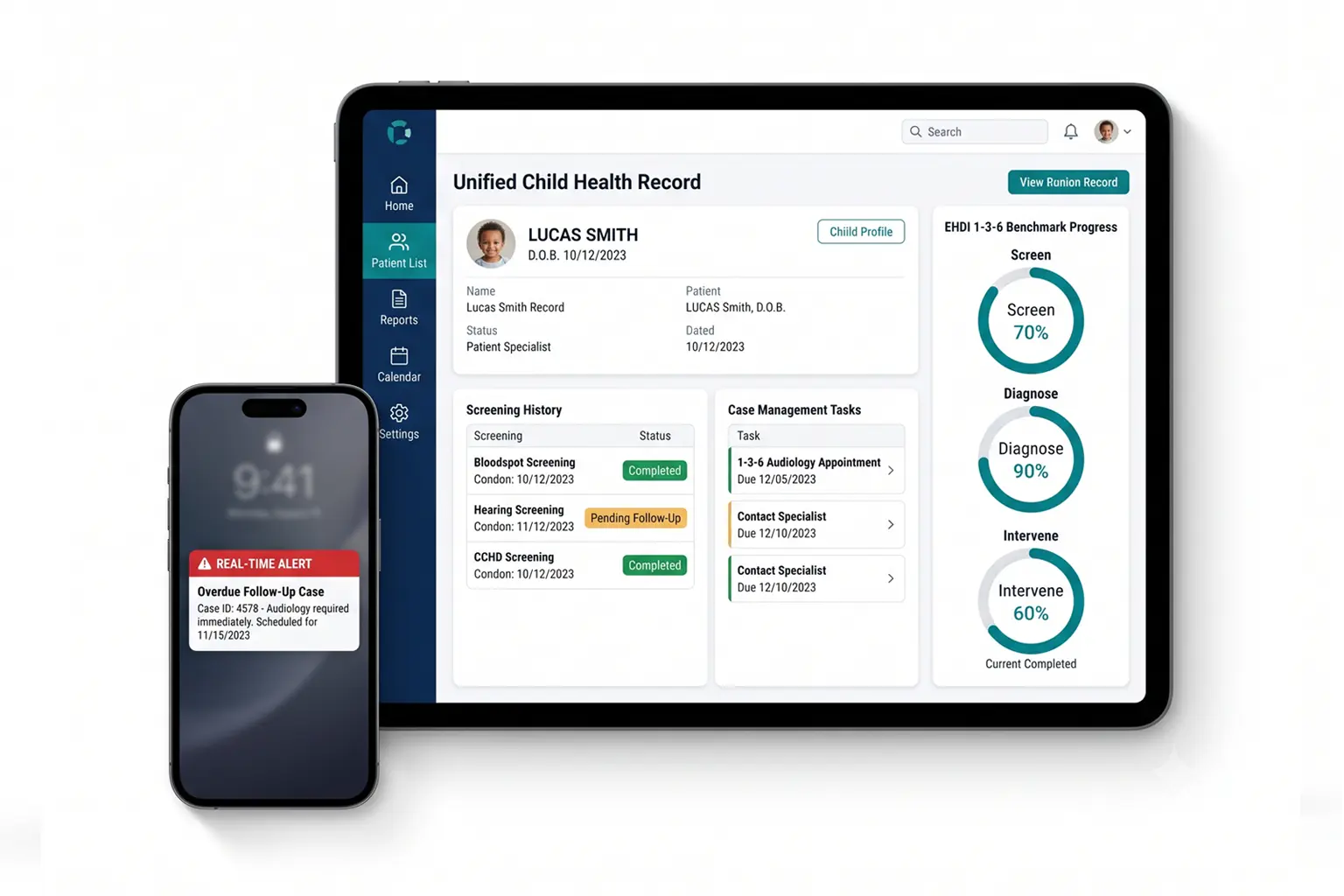 SMART CHSTS child health screening dashboard - unified child record with screening results, case status, and EHDI tracking