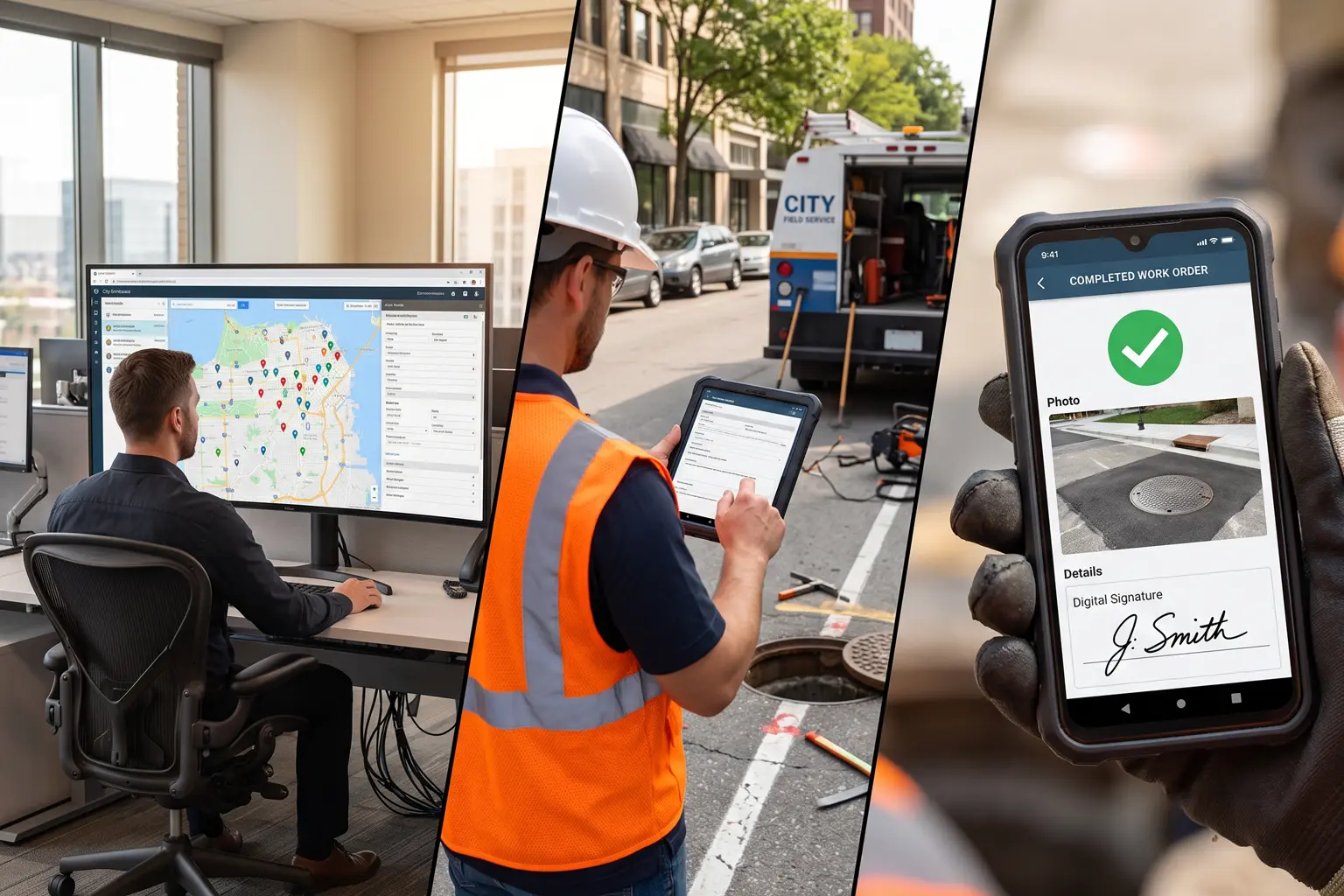 Municipal field service management workflow - dispatch, mobile execution, and work order closure on SMART City platform
