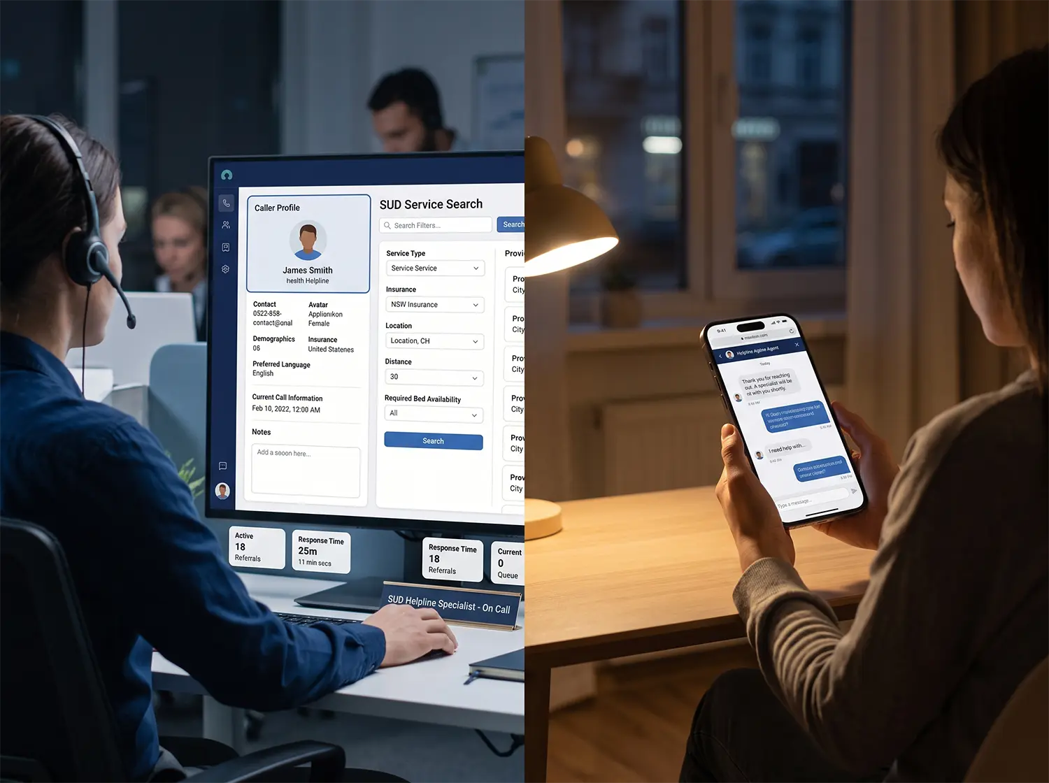 Substance use disorder helpline workflow - citizen intake, eligibility assessment, provider matching, and referral management on SMART Health Helpline