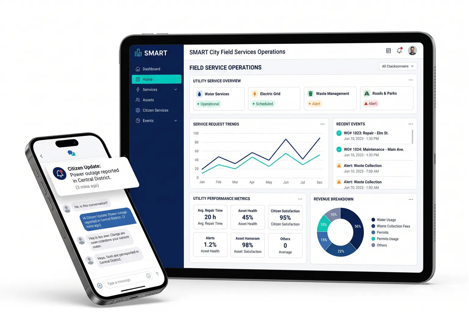 SMART City Field Services - dispatcher dashboard showing work orders, crew locations, and SLA status
